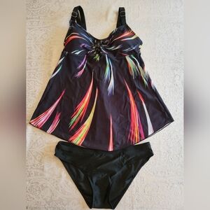 Colorful Tankini with Black Bottoms, XL, Moulded Cups, Adjustable Straps, NIB